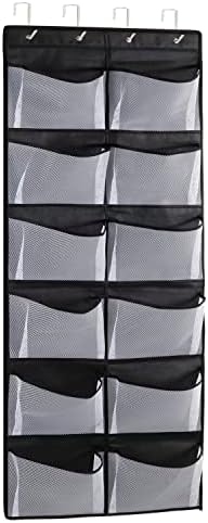 QWKIT Over The Door Shoe Organizer, 12 Extra Large Mesh Pockets Hanging Shoe Organizer,Closet Organizers and Storage Hanging, Over The Door Shoe Boots Rack with 4 Metal Hooks (Black)