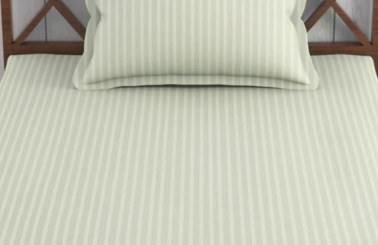 Image of Trance Home Linen 100% Cotton 75x36 inch Single Fitted 200TC Satin Stripe Elastic Fitted Bedsheet | Single Bed Size Fitted Bedspread with 1 Pillow Covers (75 inchx36 inch | 6.25x3 feet, Light Ivory Cream)
