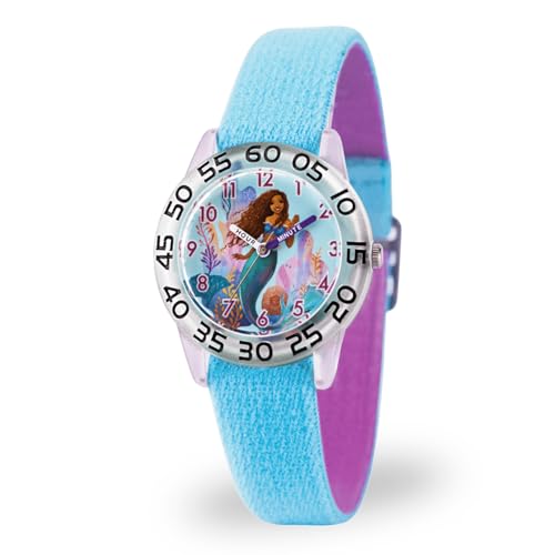 Disney Little Mermaid Watch for Girls Ages 4–7 Featuring Ariel Princess Gift for Kids Learning to Tell Time – Character Dial, Clear Bezel with Black Numbers, Blue Nylon Strap with Velcro