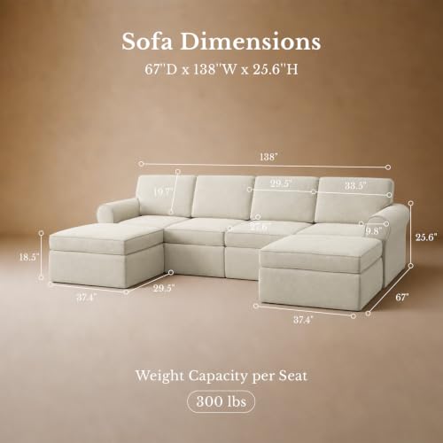 Image of Maywish 138'' Sectional Boneless Couch, 4 Seat U Shaped Cloud Sofa