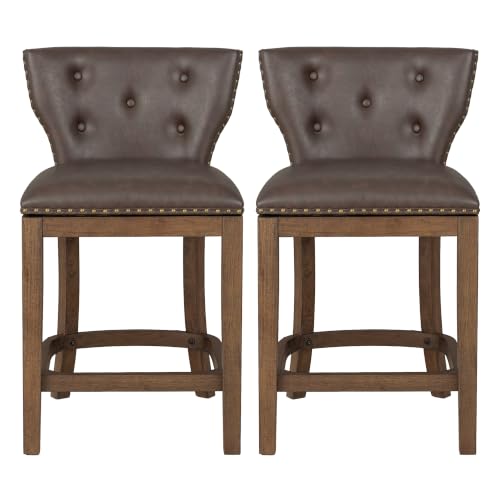 Image of ROME + OAK Carlynd 26 inch Counter Stool, Set of 2 Low Back Swivel Kitchen Barstool in Walnut Finish with Saddle Brown Vegan Leather Upholstered Seat