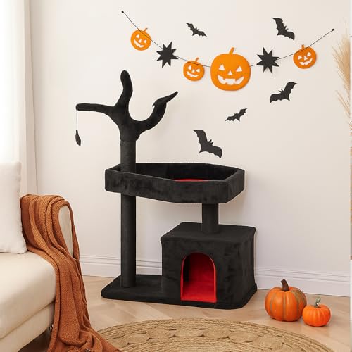 UDeuxff Black Halloween Cat Tree, 44.5 Inches Gothic Cat Tower, Cat Houses for Indoor Cats with Coffin Bed, Spacious Cat Condo, Scratching Posts for Kittens and Cats - Thumbnail 4