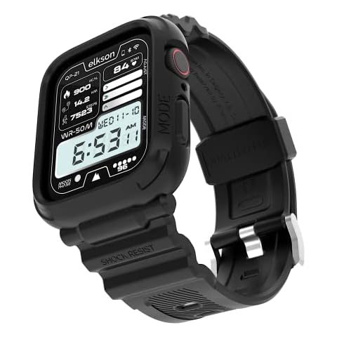 Compatible with Apple Watch Band 45mm 44mm Bumper Case, Elkson Quattro Pro Rugged Men Bands for Apple Watch SE and iWatch Series 8 7 6 5 4 Cover, Sport Military Protective Cases Drop-Proof, Black Cover
