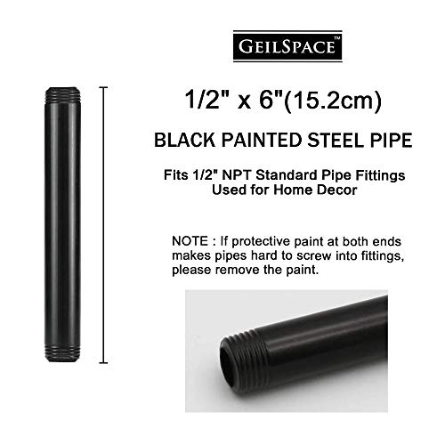 GeilSpace 6 Pack 1/2" × 6" Pre-Cut Black Metal Pipe, Industrial Steel Fits Standard Half Inch Black Threaded Pipes and Fittings - Vintage DIY Industrial Shelving (1/2" × 6")