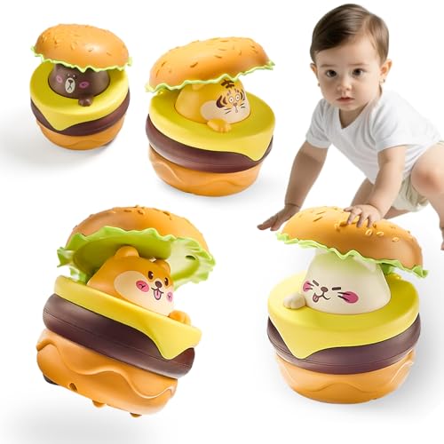 UTOPLIKEY Baby Press and Go Cars for Toddlers 6-12 Months, 4PCS Burger Push Vehicle with Peekaboo Mode for Infant Early Development Fidget Toy