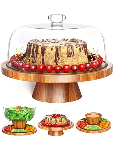 Acacia Wood Cake Stand with Lid, 2 In 1 Cake Stand Charcuterie Board with Lid, 12 In Round Wooden Cake Plate Display with Acrylic Cover Dome, Cake Holder Dish Tray for Party, Wedding, Birthday, Baking