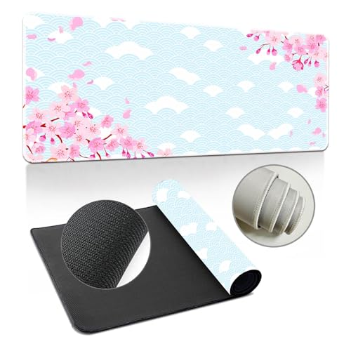 Hearda Sakura Tapis de souris japonais 3D XXL/XL/L avec bords cousus et base antidérapante Bleu clair 700 x 300 x 3 mm