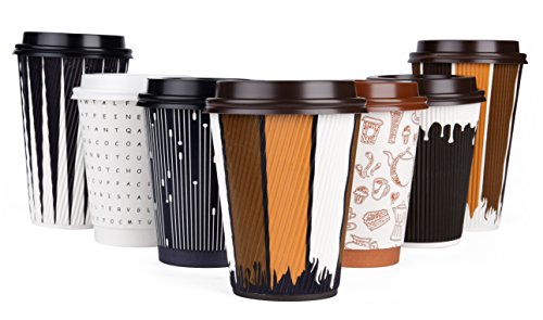 Hornbit Disposable Coffee Cups with Lids and Coffee Stirrers (Set of 50) - 12 oz Ripple Wall Insulated Hot Paper Coffee Cups - Stylish Beverage Cups for Hot and Cold Drinks (12 oz, Shades of Brew)