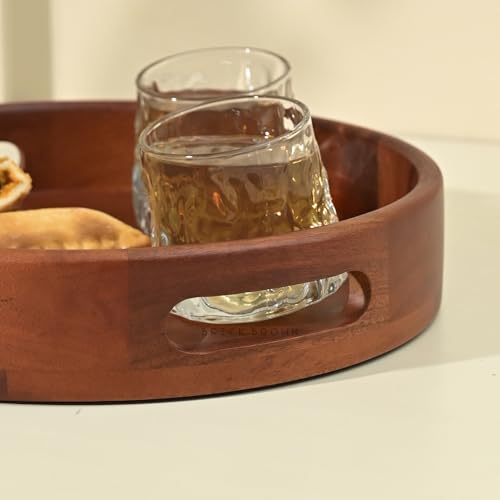 BRICK BROWN ® Premium Handcrafted Classic Round Tray for Breakfast Serving Trays Dining Table Home Decoration Wooden Tray Unique Design Handmade Multipurpose Serving Tray in Mango Wood(12x12 Inch)