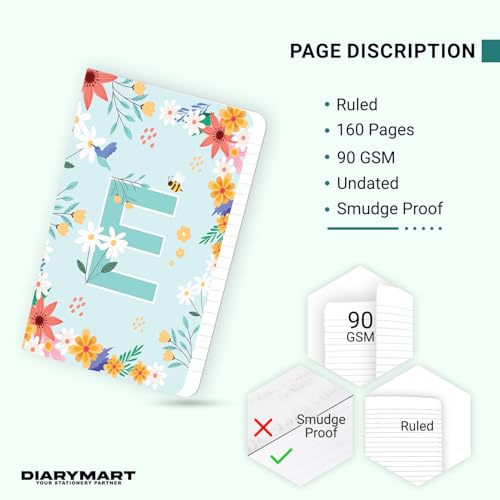 Image of Initial E Premium Soft Bound Notebook Diary for Girls and Women (B6, 90 GSM, 160 Ruled Pages) Floral Design Notebook Journal Diary