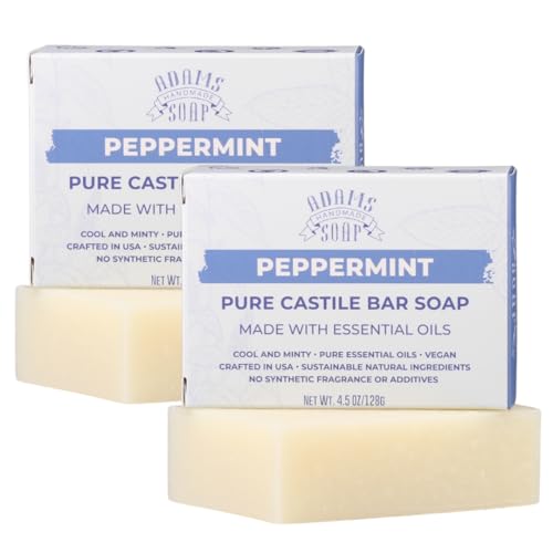 Adams Handmade Soap Peppermint Pure Castile Bar Soap 4.5 oz | Vegan Cold Process Essential Oils 84% Organic Fair Trade No Additives USA Made