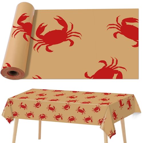 party greeting Summer Crab Tablecloth Roll 51inch x 100ft Crab Print Plastic Table Cover Summer Party Supplies Crabs Paper Table Cloth for Sea Animals Dining Kitchen Decor