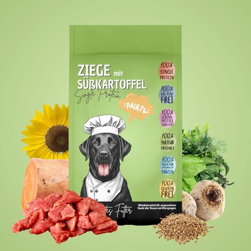 PAULI's Trockenfutter Die Lösung Ziege & Süßkartoffel für Hunde| Naturprodukt, Single Protein| hoch verträglich| speziell bei Allergien/Unverträglichkeiten| Getreidefrei| 1x 5Kg
