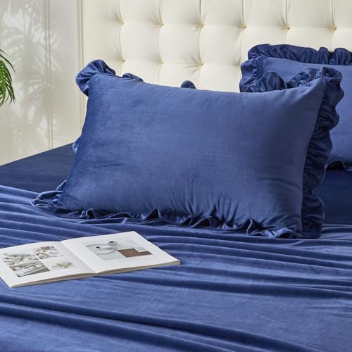 Image of Velvet Plush Flannel Sheet Set - Full Size 4-Piece - Ruffled Edge Design, 16 Inch Deep Pocket, Anti-Pilling & Fade Resistant - 220 GSM Breathable Luxury All-Season Bedding, Navy