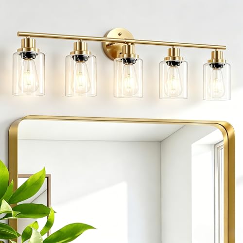 Image of 5-Light Bathroom Vanity Lights, E26 Modern Brushed Gold Bathroom Light Fixtures with Clear Glass Shade, Mirror Kitchen Hallway Cabinet Living Room Sconces Wall Lights