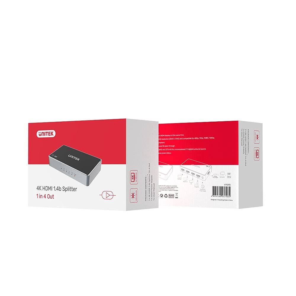 V1109A Unitek HDMI 1.4b 1 IN-4 OUT 4K Distributore di segnale/HDMI 1.4b e HDCP 1 / 4K30Hz / profondità colore 12bit / risoluzione fino a 1080p / 7.1 audio multicanale