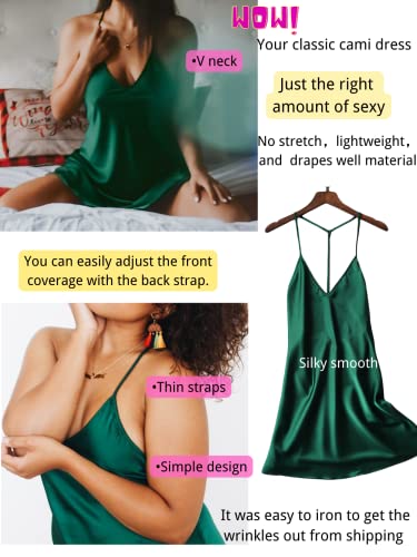 Kaei&Shi Silky Satin Nightie,Backless Lingerie For Women,Loose Sleepwear,Mini Nightgown,Spaghetti Strap Chemise Green X-Large #TOP2