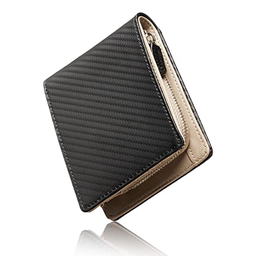 [VOICE] ヴォイス カーボン レザー メンズ 二つ折り 財布 使いやすい ファスナー 小銭入 カード 14枚収納可 プレゼント 用 ギフト箱入り (Black/Gray)