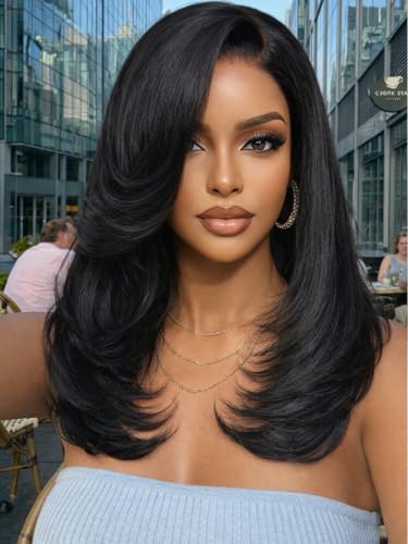 Image of KLAIYI Bye Bye Slip Side Part Yaki Straight Human Hair Glueless Precut 7x5 Lace Front Wigs Drawstring Blowout Feathered Layers Bangs Wig Pre Plucked Bleached Knots 30S Ready to Wear and Go Wig 14Inch