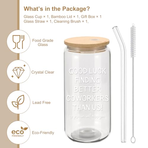Mikopei Farewell Gifts for Coworkers - Good Luck Finding Better Coworkers Than Us Glass Cup with Lid and Straw, Coworker Leaving Gifts for Women Goodbye Going Away, Iced Coffee Cup Smoothie, 16 oz