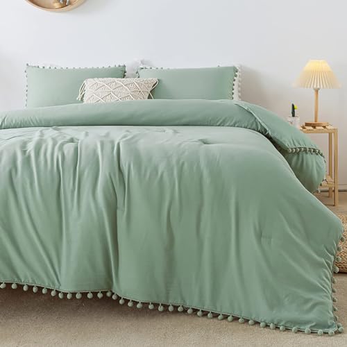 Edredón verde salvia matrimonial con flecos de pompones juego de 3 piezas de microfibra suave 2