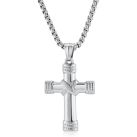 REchoLI Cross Necklace for Men,Stainless Steel Silver/Black Textured Rope Cross Pendant Religious Necklace Chain Christian jewelry 60 cm/23.6 inches