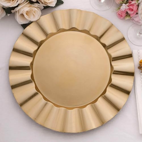 Efavormart 6-Pack Gold Brushed Scalloped Charger Plates - 13" Round Plastic Underplates with Metallic Accents for Vintage Weddings and Luxe Banquets