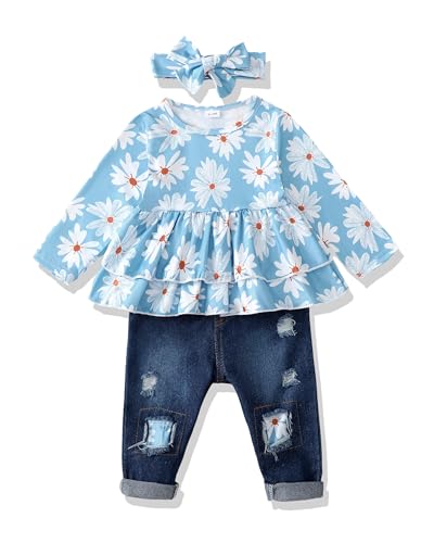 Image of Baby Girl Clothes Toddler Girls Winter Outfits Infant Clothing Ruffle Top Denim Pants Jeans Cute Fall Outfit Set