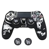 RALAN PS4用コントローラーケース シリコン製 ジョイスティックキャップ2個付き ブラック パーフェクトフィット 人間工学に基づいた快適なジョイスティック (黒と白の狼)