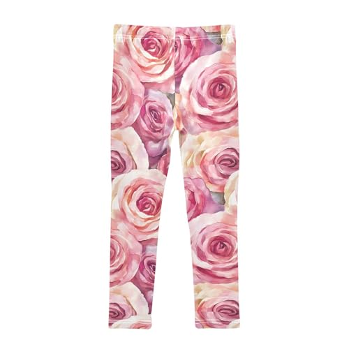 Watercolor Pink Rose Girls Leggings Ultra Soft Compression Yoga Gym Pants for Kids 4-10T2
