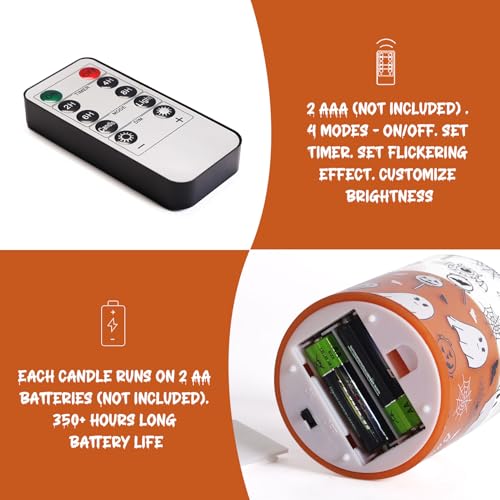 Image of Orange Ghost Halloween Flameless Pillar Candles with Remote Set of 3