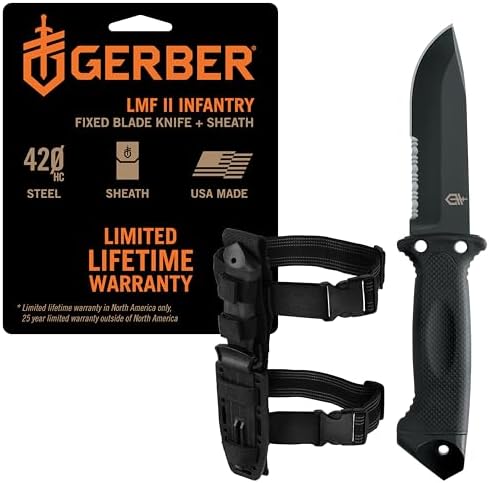 Gerber Gear LMF II Infantry Survival Knife, Made in USA Military Grade Tactical Fixed Blade with Serrated Edge, Shock Absorbing Handle, Molle Sheath and Sharpener, Black