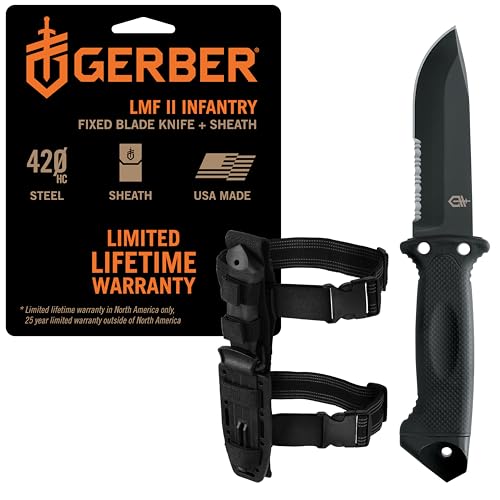 Gerber Gear LMF II Infantry Survival Knife, Military Grade Tactical Fixed Blade with Serrated Edge, Shock Absorbing Handle, Molle Sheath and Sharpener, Black