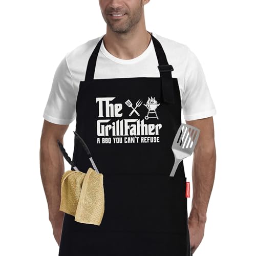 The Grill Father - BBQ Cooking Apron for Men, Funny Kitchen Apron with Pockets, Christmas Gifts for Men, Husband, Dad, Grandad Birthday Gifts
