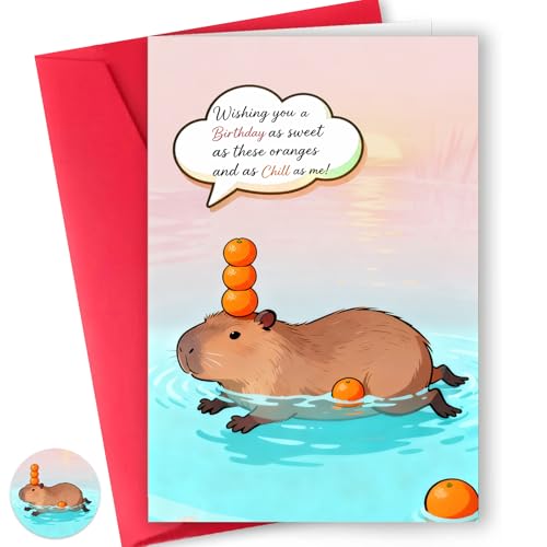 Elavfun 1 Pack Funny Capybara Birthday Card with Envelopes & Stickers, Assorted “Capy Birthday” Animal Pun, 9 Unique Designs, 4x6", for Capybara Lover Gifts, Capy Themed B-day Party Favor (Orange&Swimming)