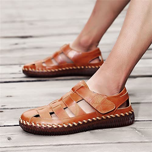Fofowhat Mens Leather Sandals Outdoor Hiking Waterproof Athletic Sports Sandals Fisherman Beach Shoes Closed Toe Water Slipper Yellow Brown Size 9.5 #TOP4