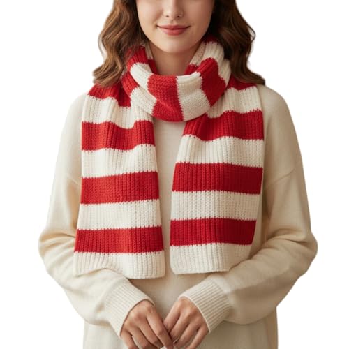 Grewear Striped Knit Scarf for Women and Men Soft Acrylic Ribbed Long Winter Neck Wrap Warm Thick Unisex Fashion Accessory for Cold Weather Casual Outdoor Daily Gift Idea Red