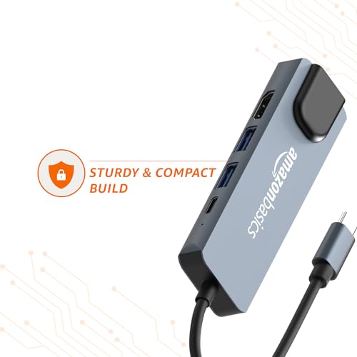 Image of Amazon Basics 5-in-1 Hub Multiport Adapter, USB Type-C with Aluminium Shell, 100Mbps Ethernet Port, HDMI 4K, 1xUSB 3.0, 1xUSB 2.0, 100Mbps Ethernet, 100W Charging for MacBook, DELL & Type C Devices