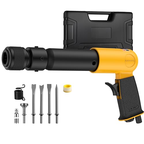 AMTOVL Air Hammer - Long Barrel Air Chisel Hammer with Qick Change Retainer and 5PCS Chisels, 250mm Pneumatic Hammer, 2500 BPM, 3-5/8 Inch Stroke for Shoveling and Cutting