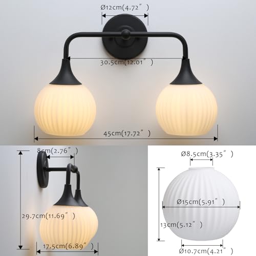 Image of Pathson 2-Lights Milky Globe Wall Sconce Light, Striped Glass Bathroom Wall Vanity Lamp for Mirror, Hardwired Vintage Wall Sconce Lighting for Wall Painting Living Room Bedroom Farmhouse