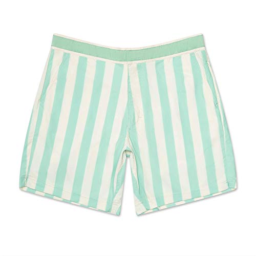 OKAICOS Men's Swim Trunks - Performance Stretch Board Short with Mesh Lining, Drawstring Swimwear Stripe Green, White