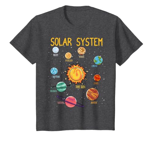 Solar System Planets Science Space Boys Girls STEM Kids T-Shirt, Youth, Dark Heather Grey, Small