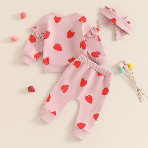Toddler Baby Girl Fall Winter Clothes Strawberry Ruffle Long Sleeve Sweatshirt Tops Pants Set Headband 3Pcs Outfit3