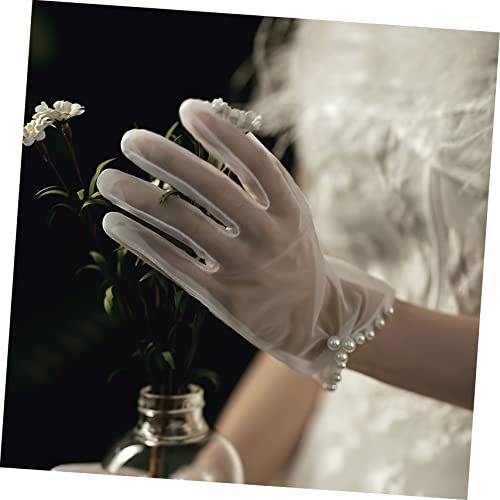 1 Pair Elegant Pearl Beaded Wedding Gloves for Women Mesh Bridal Dress Gloves Vintage Style Tulle Sleeves for Parties and Special Occasions Comfortable Fit Decorative Design3