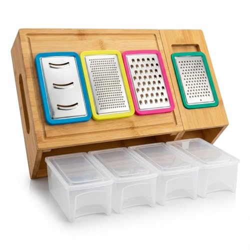 Tabla de cortar de bambú con 4 recipientes, tabla grande con ranuras para jugo, asas de fácil agarre y abertura para deslizar alimentos miniatura 1