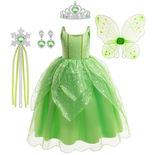 Atorcher Tinkerbell Kostüm Mädchen Grüne Kleid mit Prinzessin Kostüme Zubehör Krone Diadem Zauberstab usw für Weihnachten Verkleidung Karneval Halloween