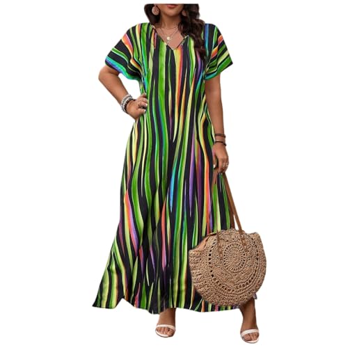 Maxikleider Große Größen Damen Sommer Gestreift Kleider Damen Mollig Sommer Lang A Linie Sommerkleid Maxi Bunt V Ausschnitt Boho Kleid üBergröße...