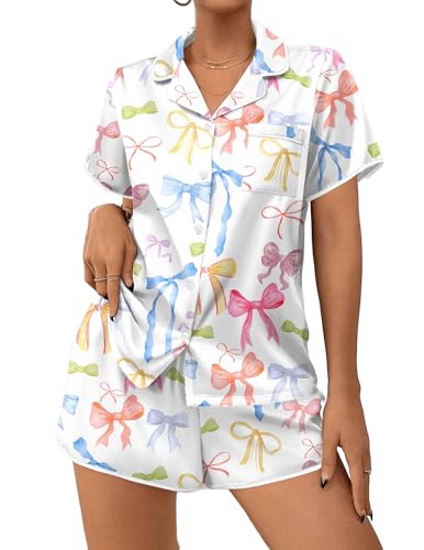 Image of Ekouaer Womens Satin Pajamas Set 2 piece Silky Buttton Down Short Pjs | Silk Notch Collar Top and Soft Shorts Lounge Set for Sleep, Daily Wear, Home, Wedding, Party