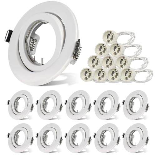 Unikcst 10x Recessed Ceiling Light Mounting Frame with GU10 Lampholder Round White Recessed Spotlights Fitting GU10 Downlight Frame for Bedroom, Outer Diameter: 98mm, Cutout Ø76-90mm, No Bulbs