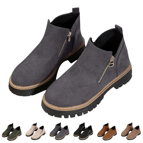 Momolaa UK 7.5 Women's Ankle Booties, Ladies Faux Suede Low Block Heel Double Side Zip Ankle Short Boots Chelsea Pull on Booties Casual Comfortable Western Boots Footwear 001_Grey